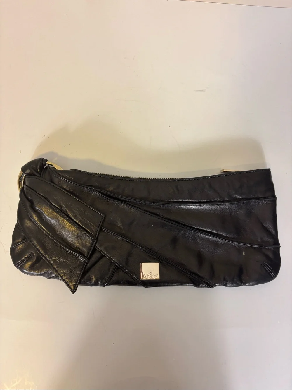 Kooba Black Leather Pleated Evening Clutch